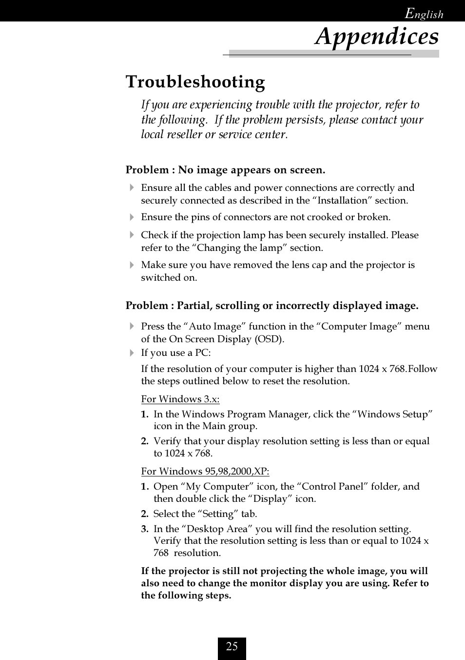 Appendices, Troubleshooting | Optoma Optoma EP725 User Manual | Page 25 / 30