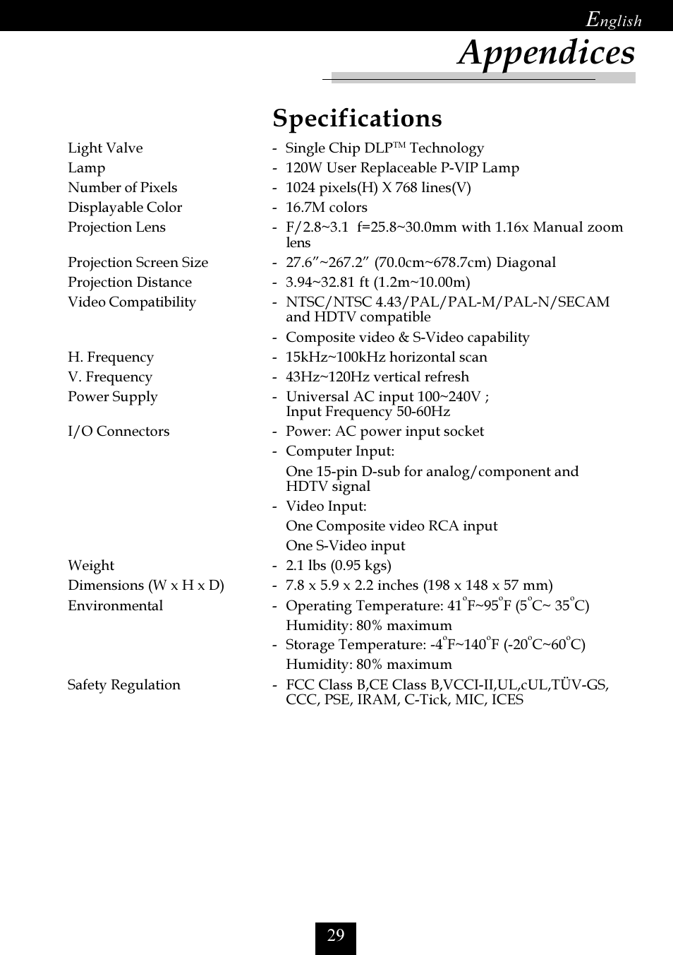 Specifications, Appendices | Optoma Optoma EP725 User Manual | Page 29 / 30