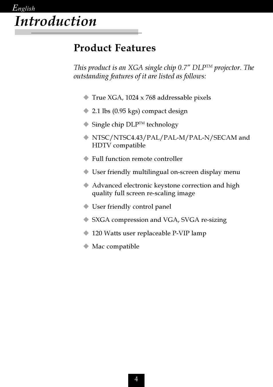 Introduction, Product features | Optoma Optoma EP725 User Manual | Page 4 / 30