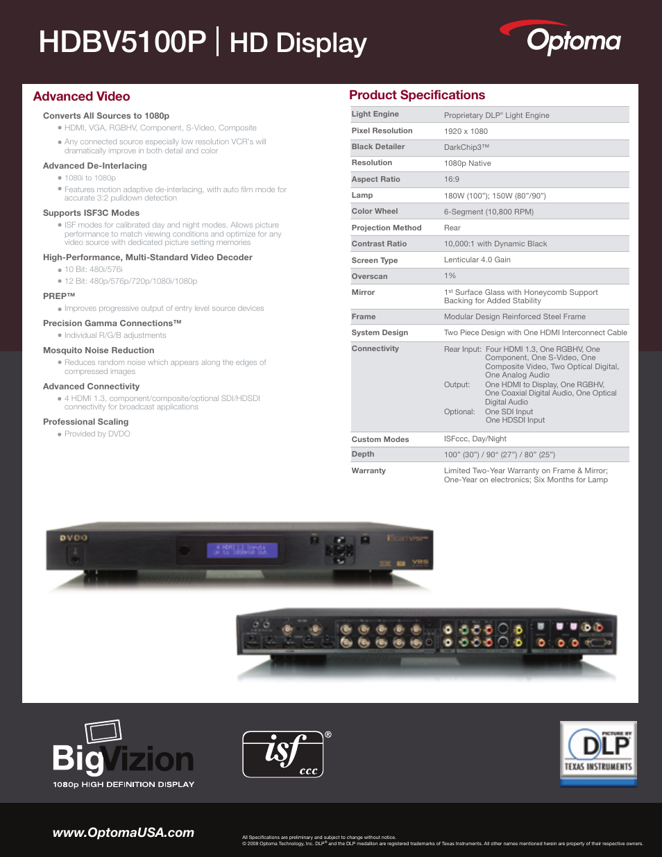 Hdbv5100p, Hd display, Product specifications | Optoma BigVizion HDBV5100P User Manual | Page 2 / 2