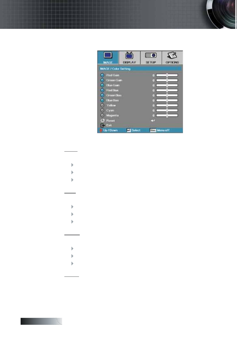 User controls, Image | color setting | Optoma Optoma TXR774 User Manual | Page 28 / 68