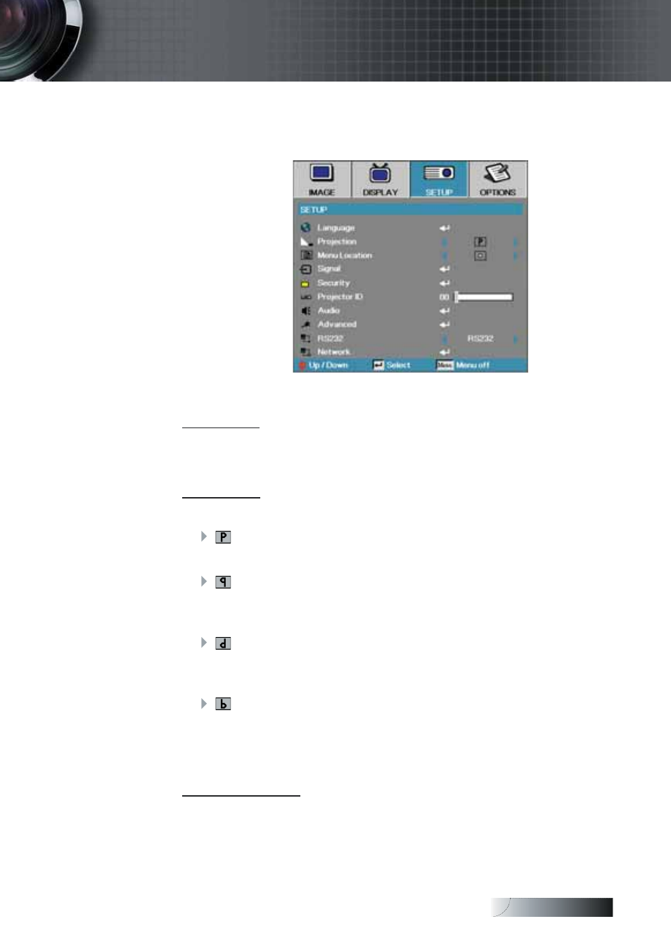 User controls, Setup | Optoma Optoma TXR774 User Manual | Page 33 / 68