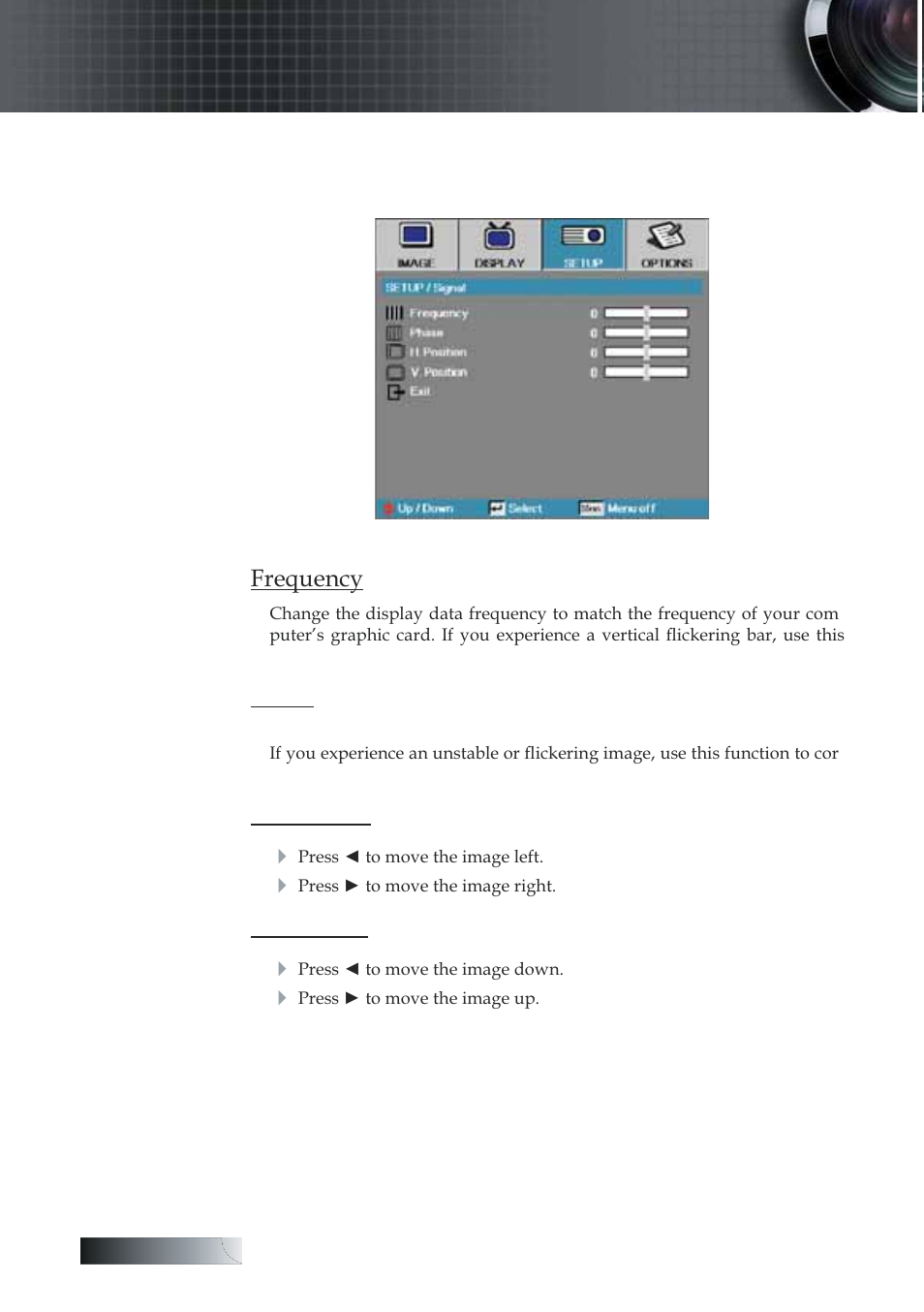 User controls, Setup | signal | Optoma Optoma TXR774 User Manual | Page 36 / 68