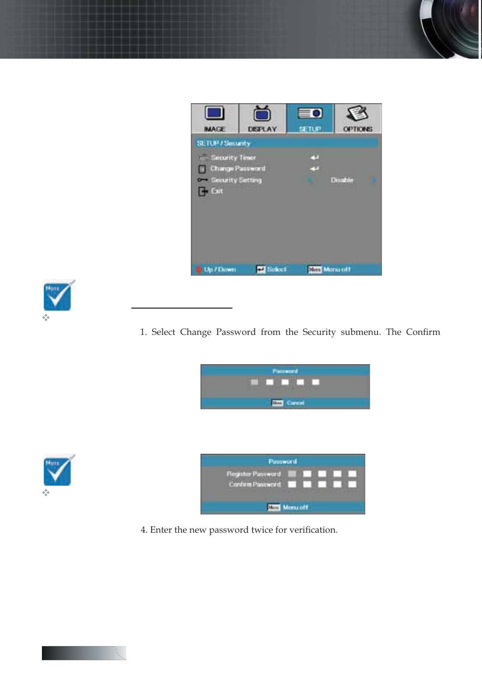 User controls, Setup | security | Optoma Optoma TXR774 User Manual | Page 38 / 68