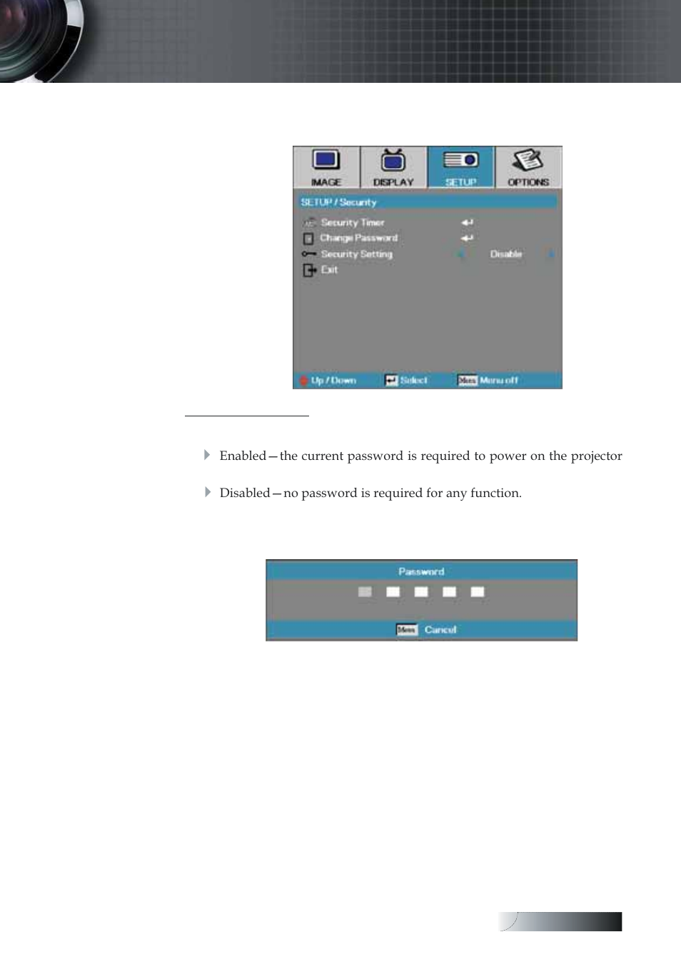 User controls, Setup | security | Optoma Optoma TXR774 User Manual | Page 39 / 68