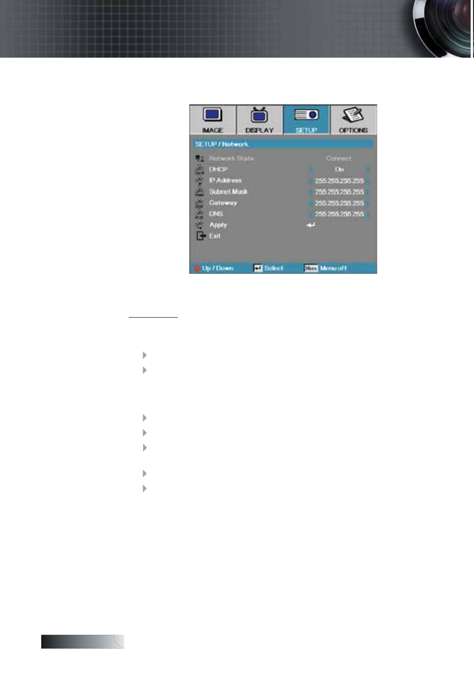User controls, Setup | network | Optoma Optoma TXR774 User Manual | Page 42 / 68