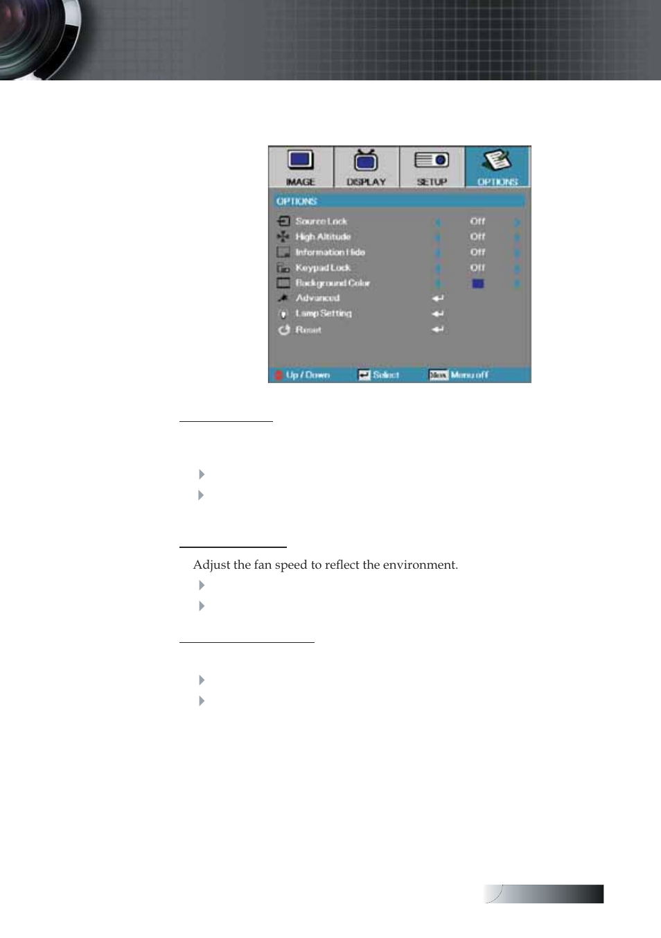 User controls, Options | Optoma Optoma TXR774 User Manual | Page 43 / 68