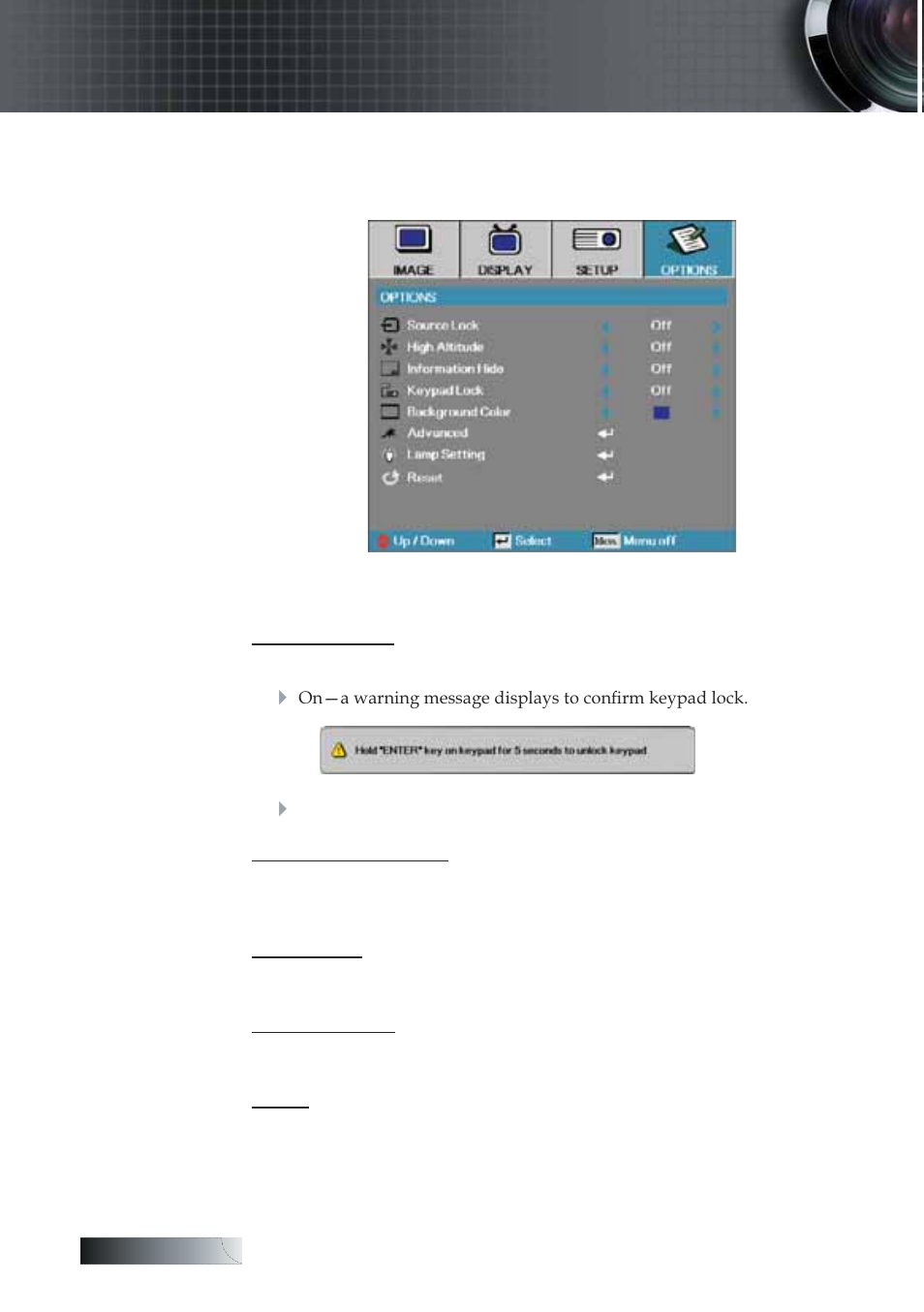 User controls, Options | Optoma Optoma TXR774 User Manual | Page 44 / 68