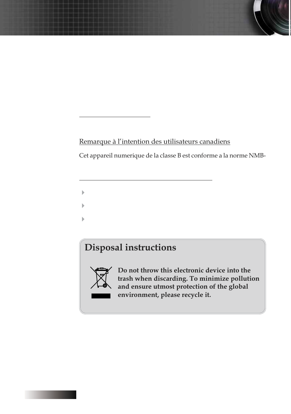 Appendices, Operation conditions, Disposal instructions | Optoma Optoma TXR774 User Manual | Page 68 / 68