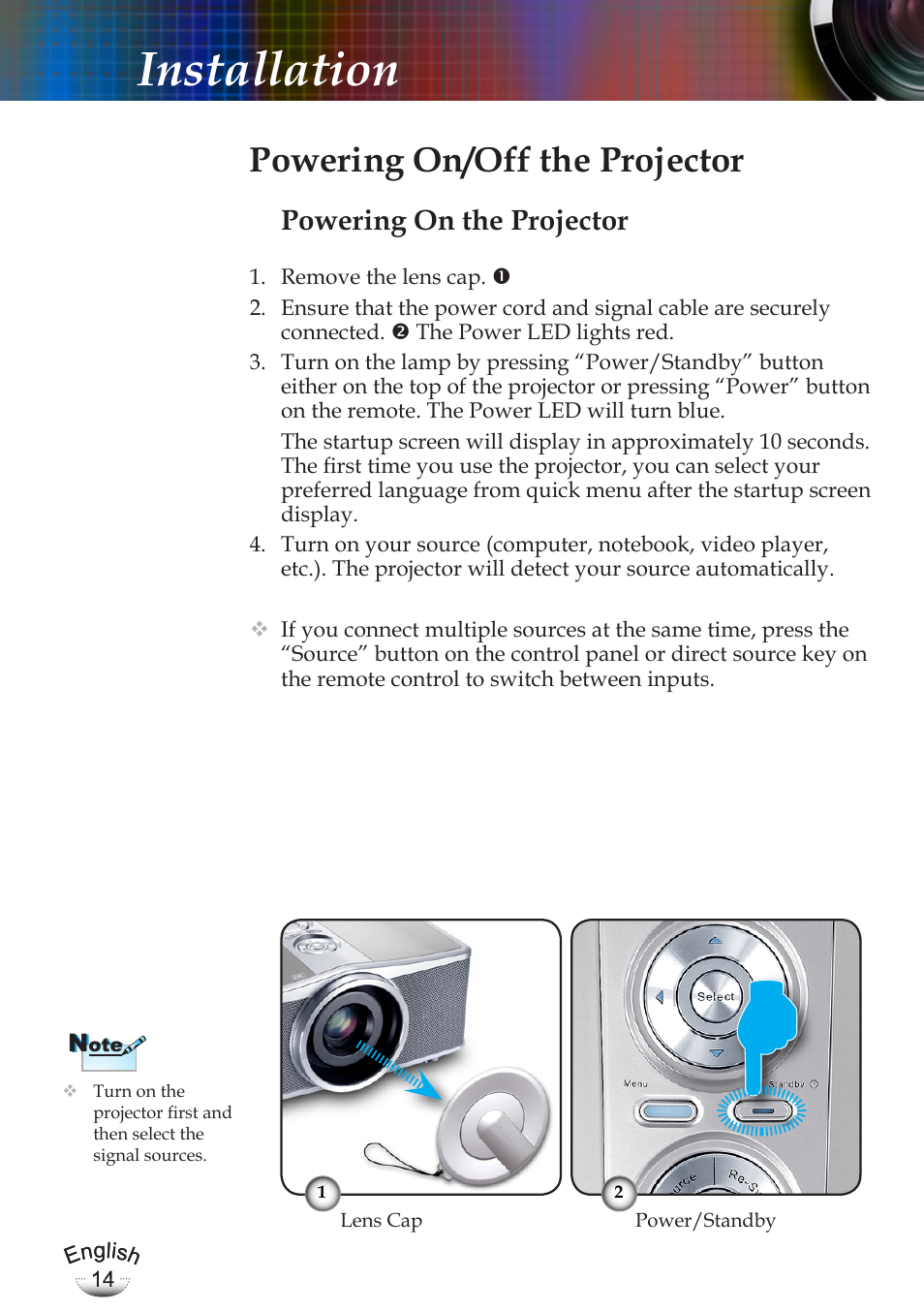 Installation, Powering on/off the projector, Powering on the projector | Optoma EP783 User Manual | Page 14 / 65