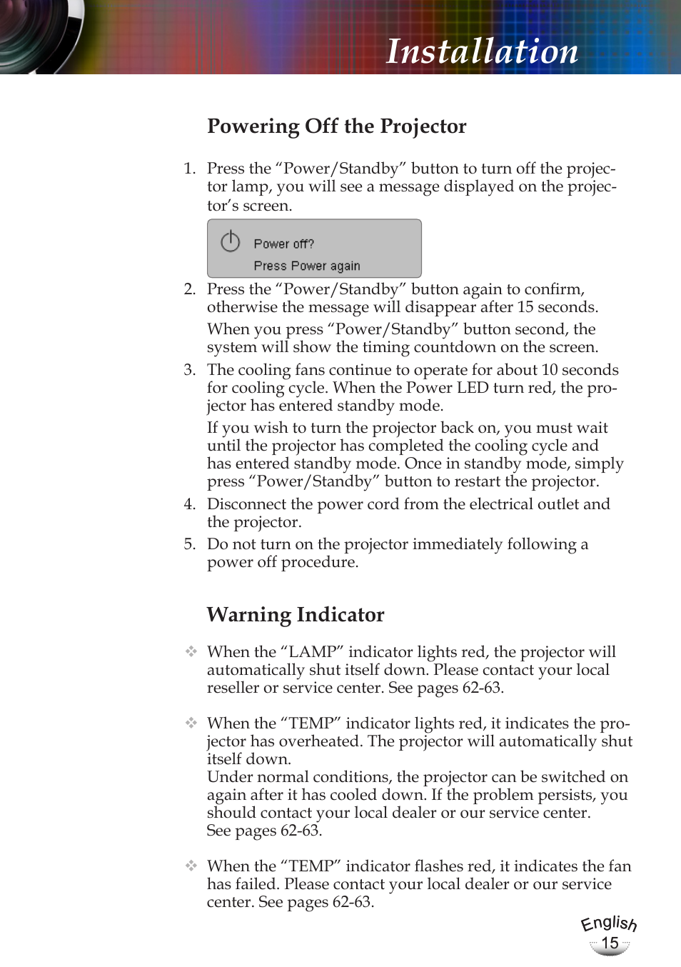Installation, Warning indicator, Powering off the projector | Optoma EP783 User Manual | Page 15 / 65