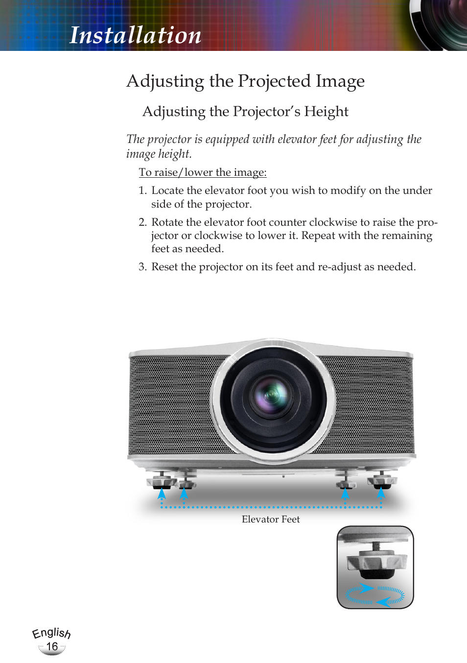 Installation, Adjusting the projected image, Adjusting the projector’s height | Optoma EP783 User Manual | Page 16 / 65
