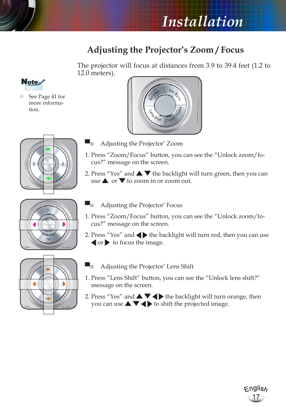 Installation, Adjusting the projector’s zoom / focus | Optoma EP783 User Manual | Page 17 / 65