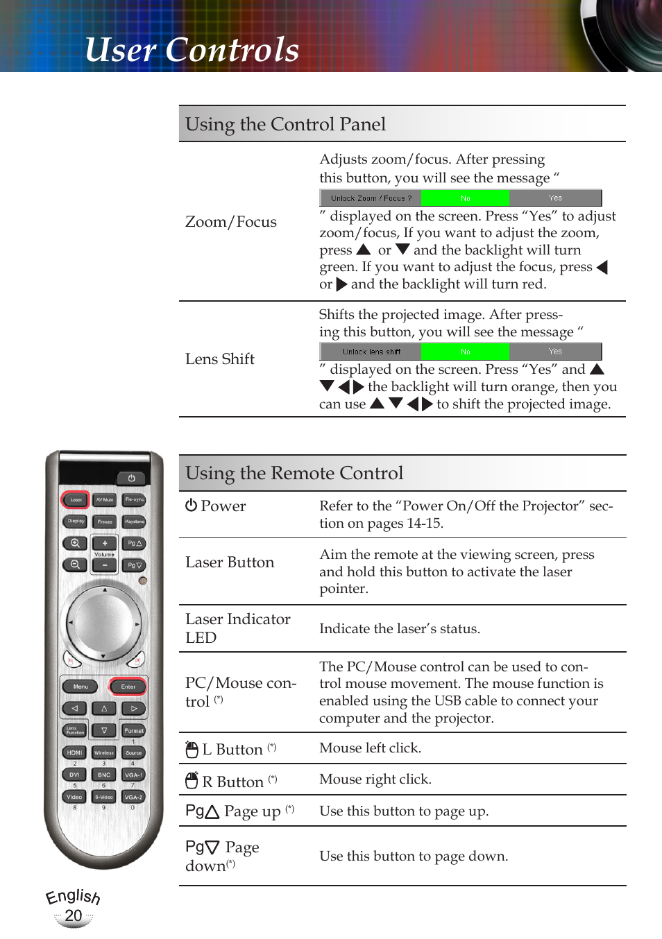 User controls, Using the remote control, Using the control panel | Optoma EP783 User Manual | Page 20 / 65