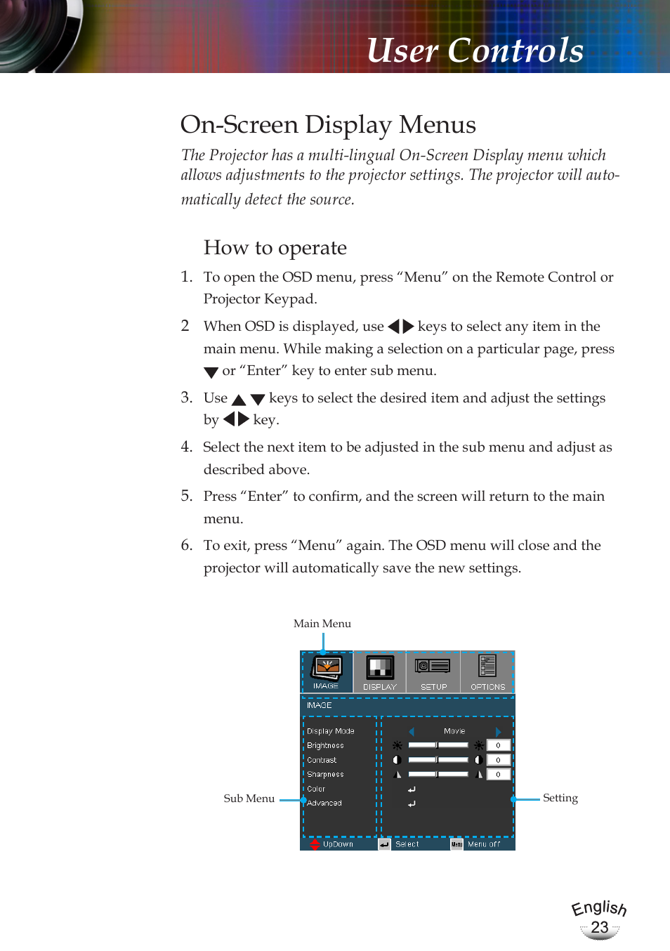 User controls, On-screen display menus, How to operate | Optoma EP783 User Manual | Page 23 / 65