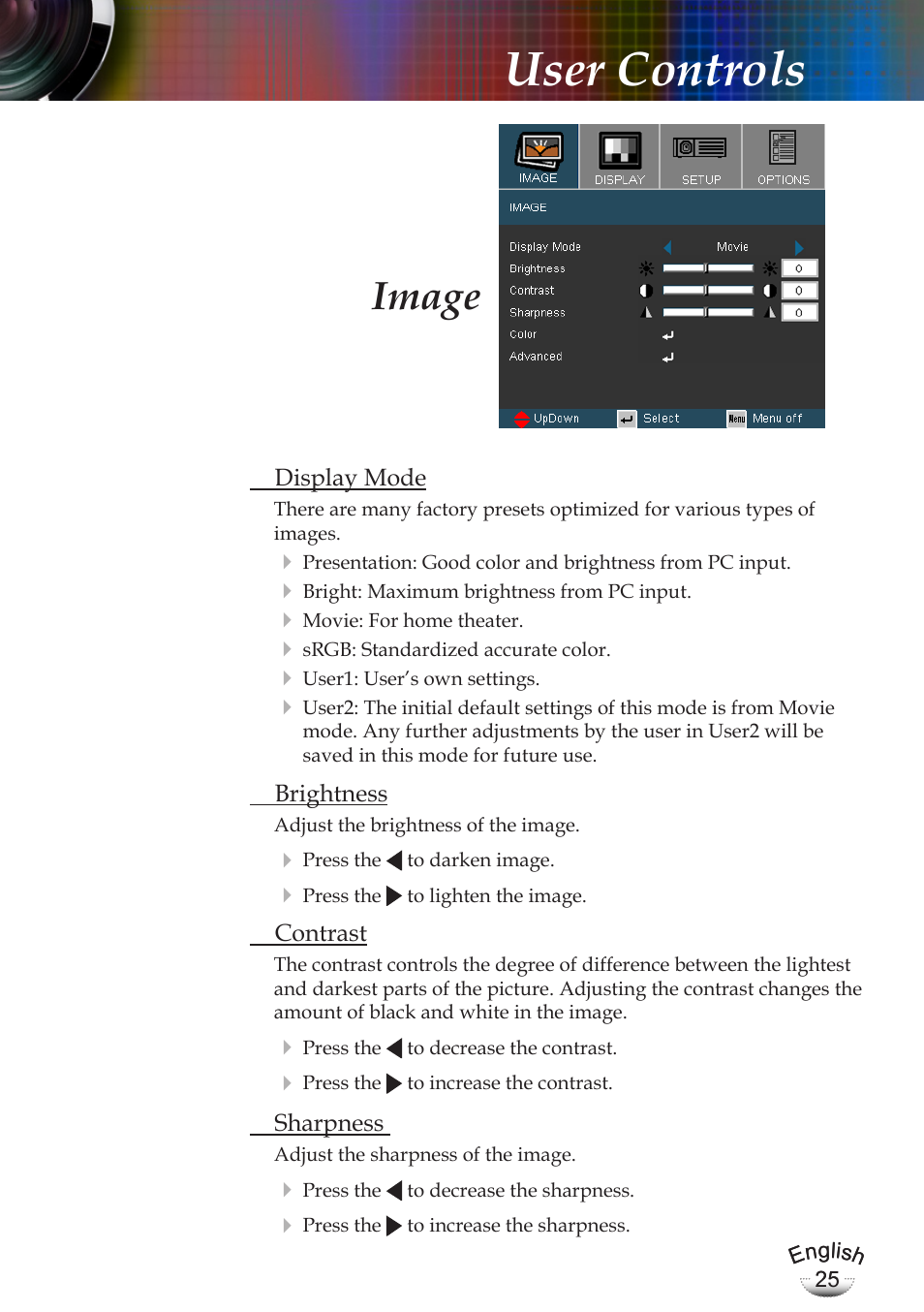 User controls, Image | Optoma EP783 User Manual | Page 25 / 65