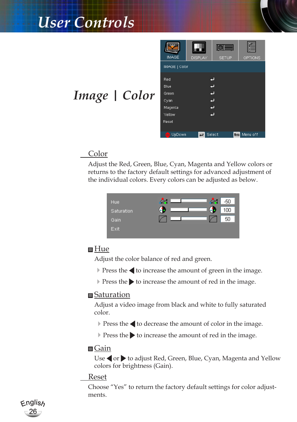 User controls, Image | color | Optoma EP783 User Manual | Page 26 / 65