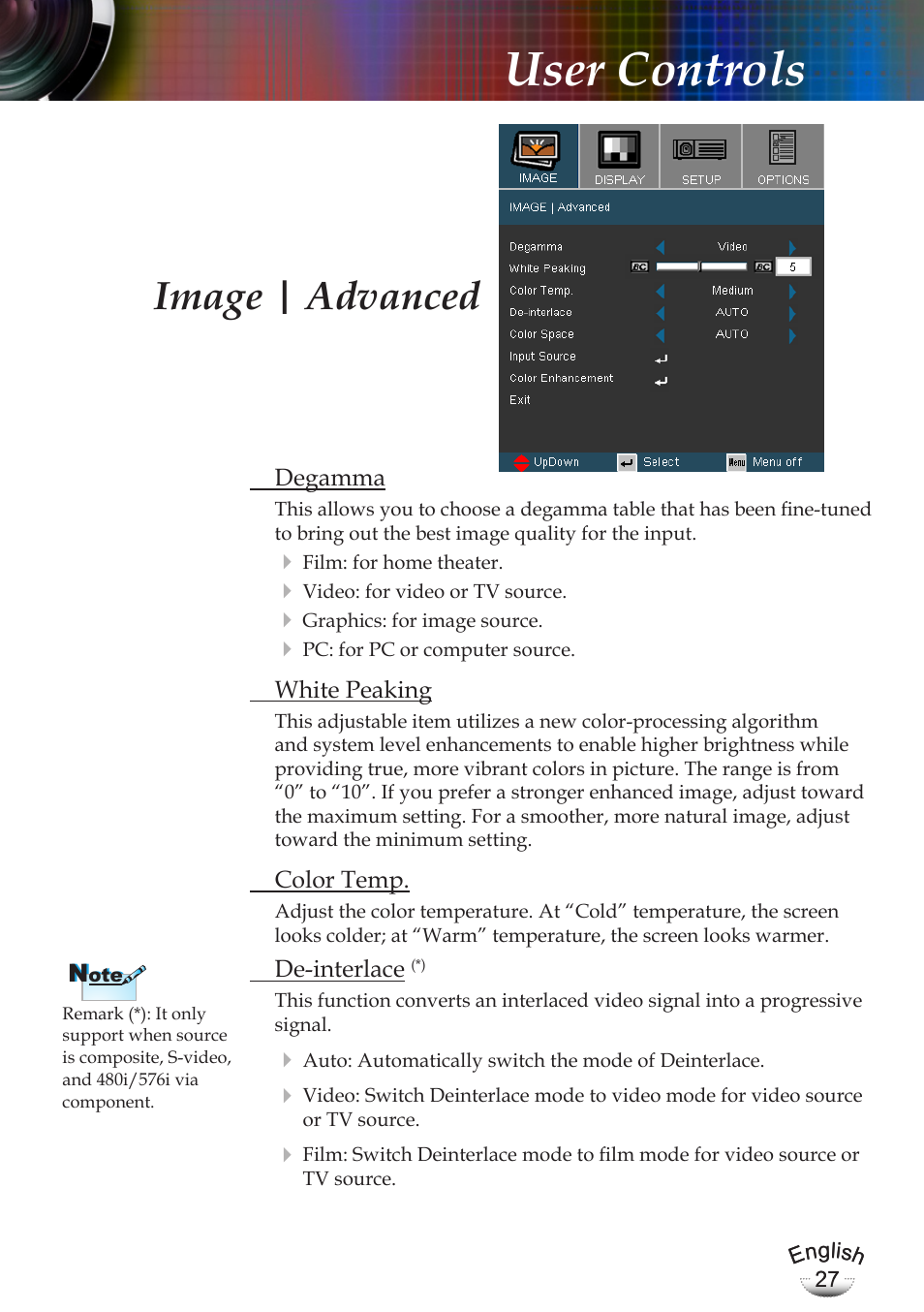 User controls, Image | advanced | Optoma EP783 User Manual | Page 27 / 65