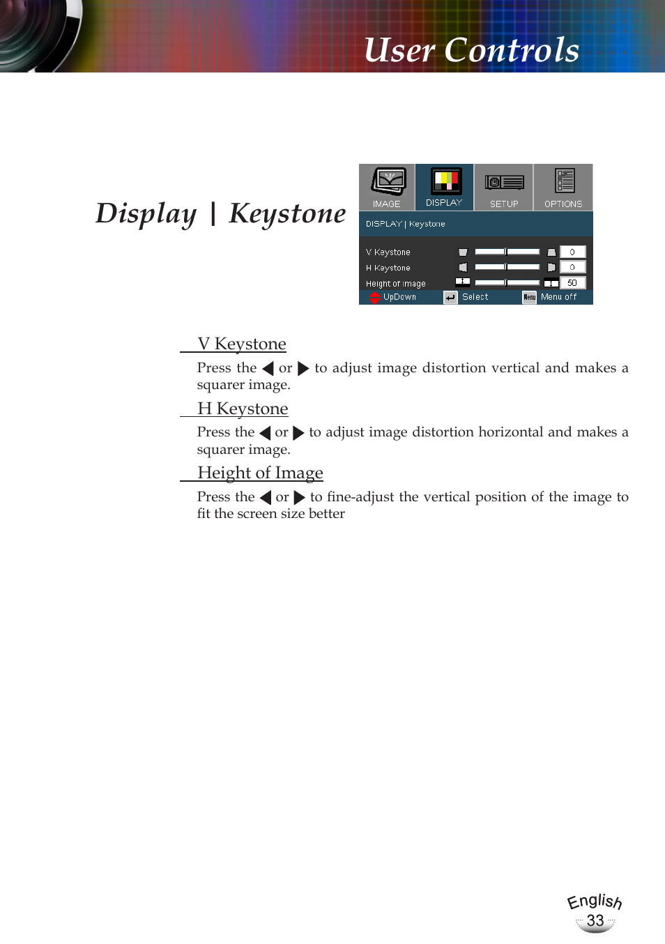 User controls, Display | keystone | Optoma EP783 User Manual | Page 33 / 65