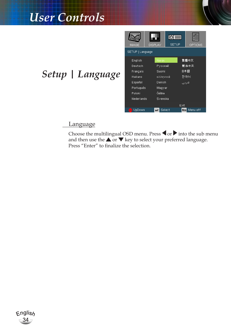 User controls, Setup | language | Optoma EP783 User Manual | Page 34 / 65