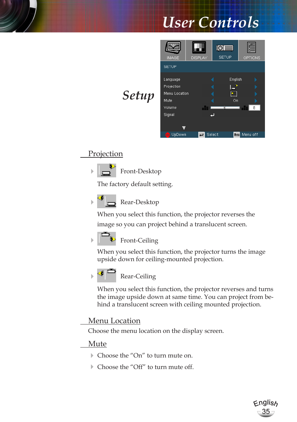 User controls, Setup | Optoma EP783 User Manual | Page 35 / 65