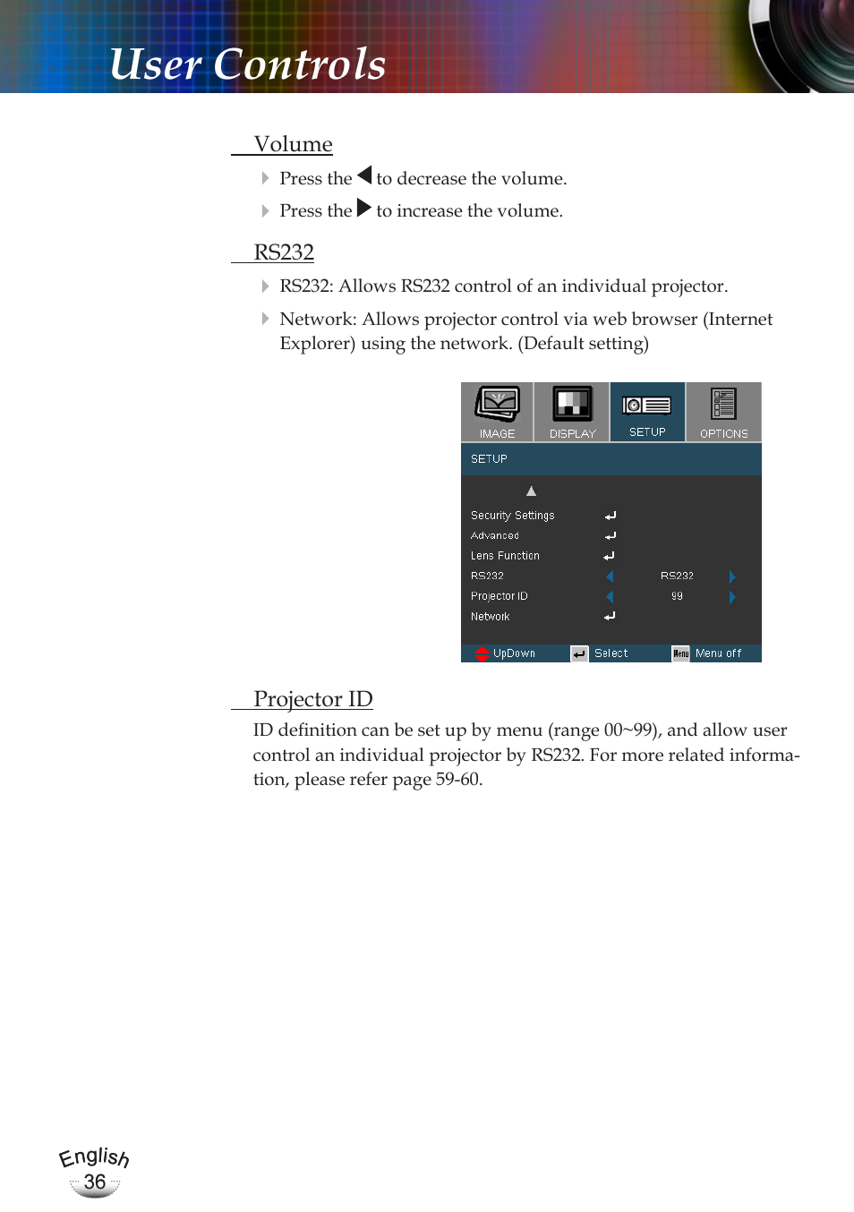User controls | Optoma EP783 User Manual | Page 36 / 65