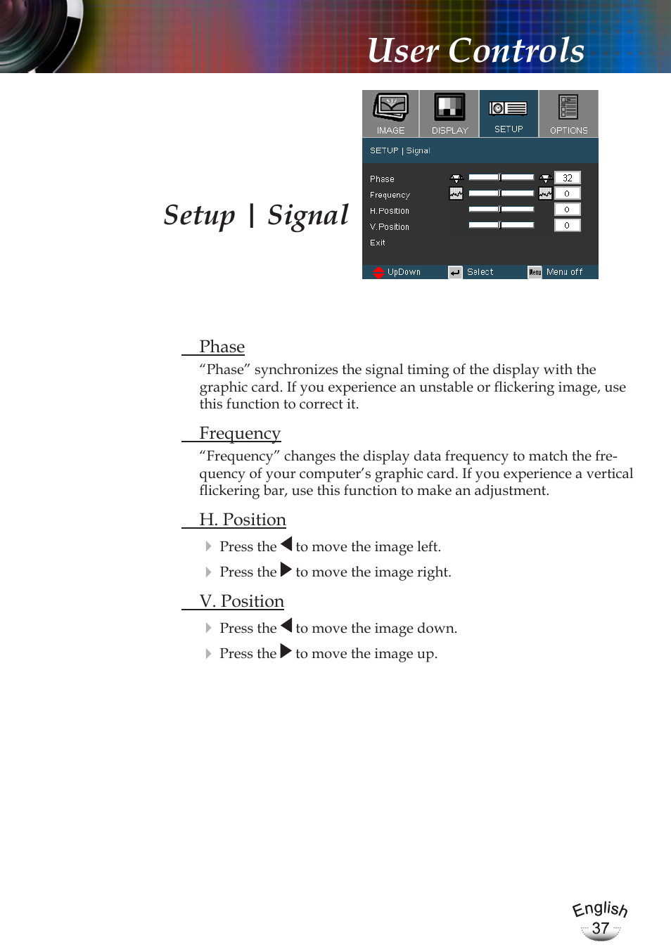User controls, Setup | signal | Optoma EP783 User Manual | Page 37 / 65