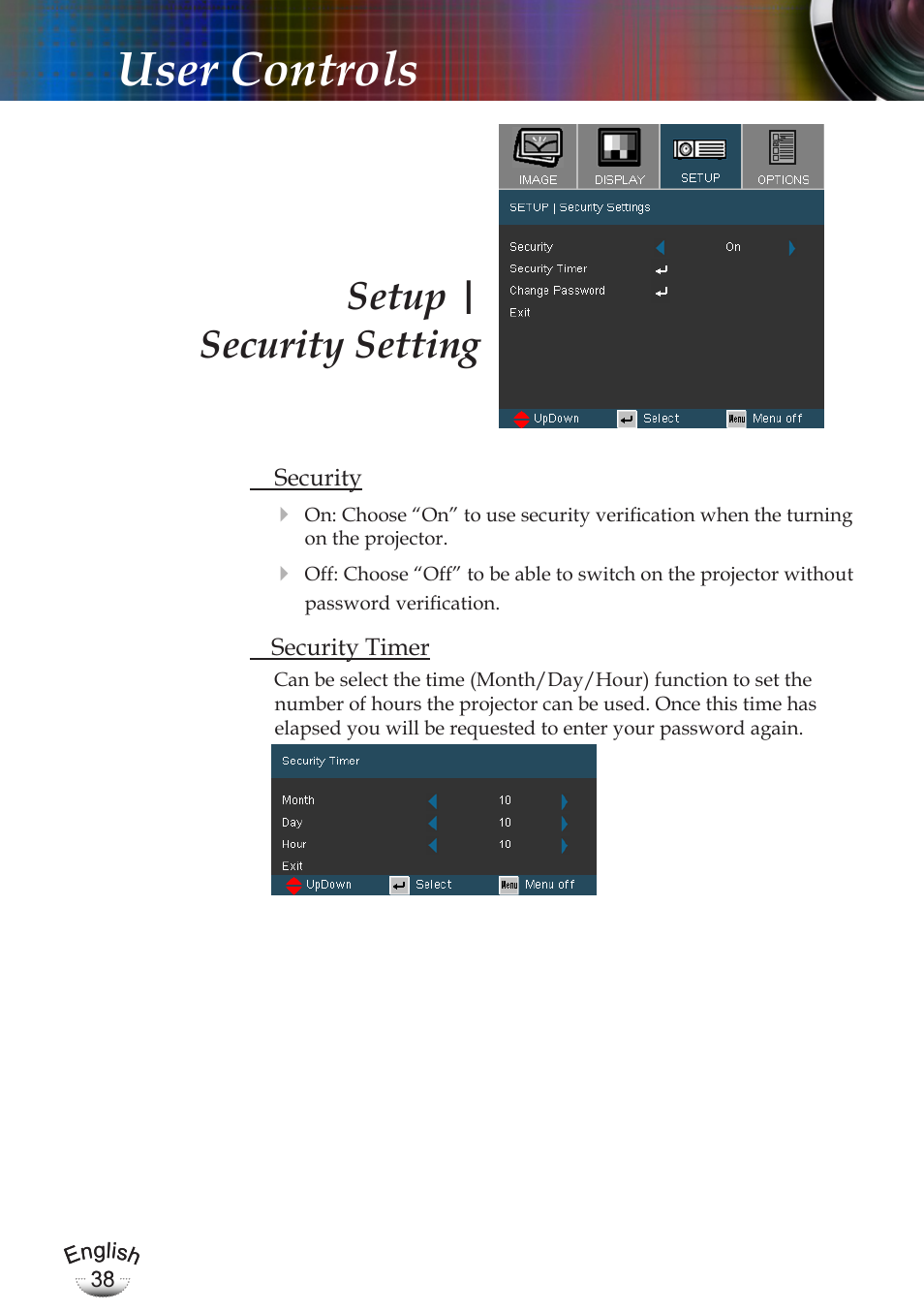 User controls, Setup, Security setting | Optoma EP783 User Manual | Page 38 / 65