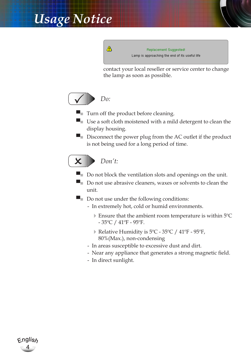 Usage notice | Optoma EP783 User Manual | Page 4 / 65