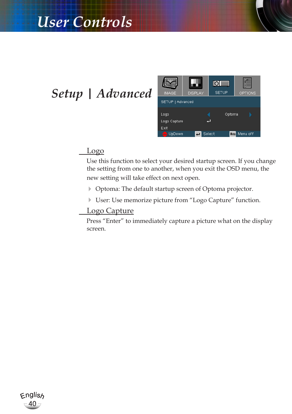 User controls, Setup | advanced | Optoma EP783 User Manual | Page 40 / 65