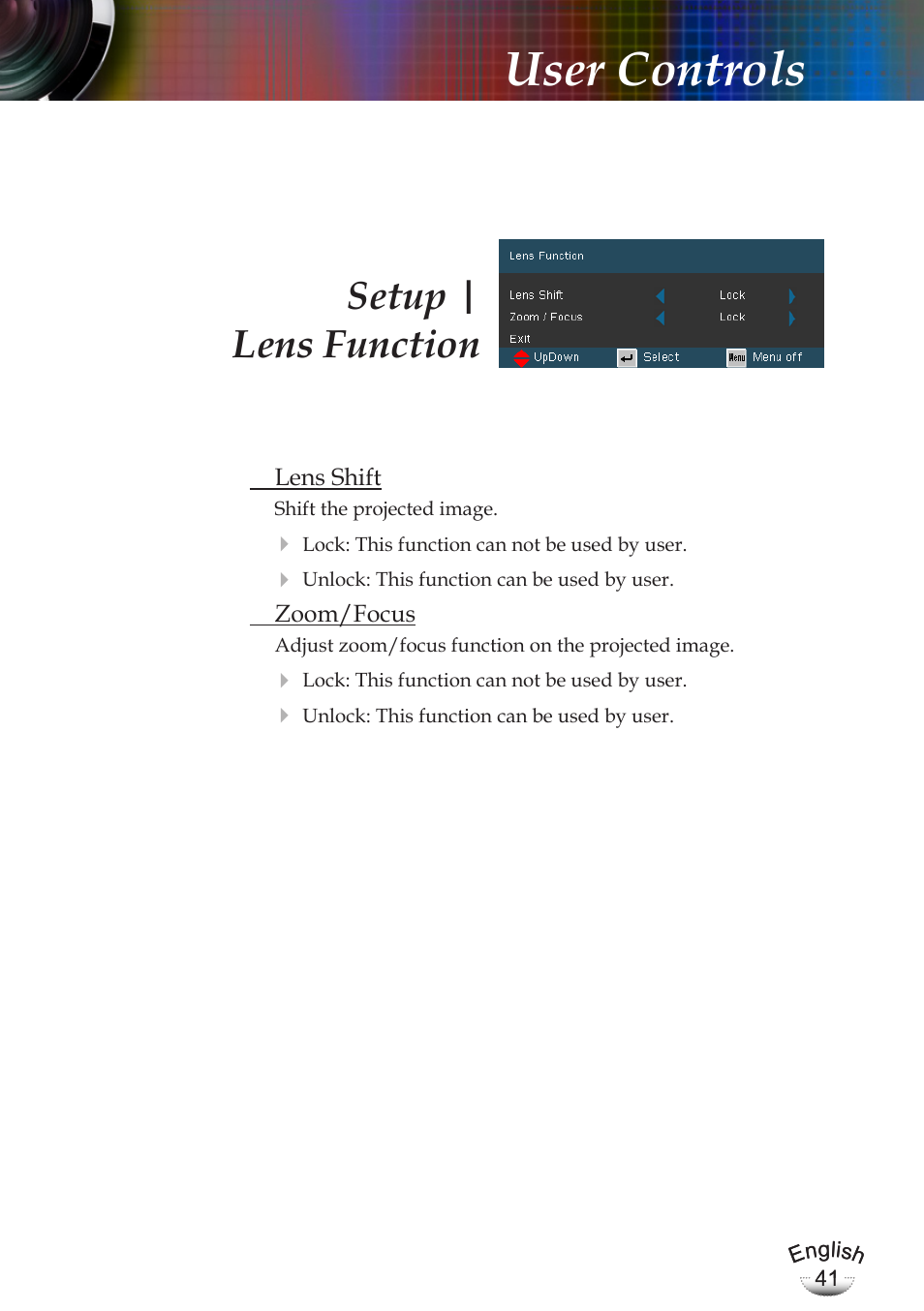 User controls, Setup, Lens function | Optoma EP783 User Manual | Page 41 / 65