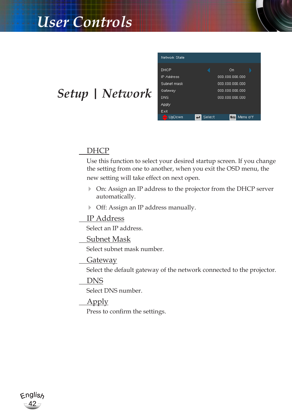 User controls, Setup | network | Optoma EP783 User Manual | Page 42 / 65