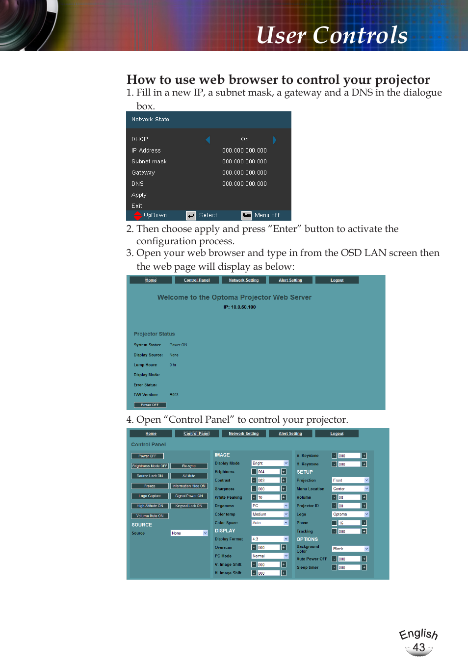 User controls, How to use web browser to control your projector | Optoma EP783 User Manual | Page 43 / 65