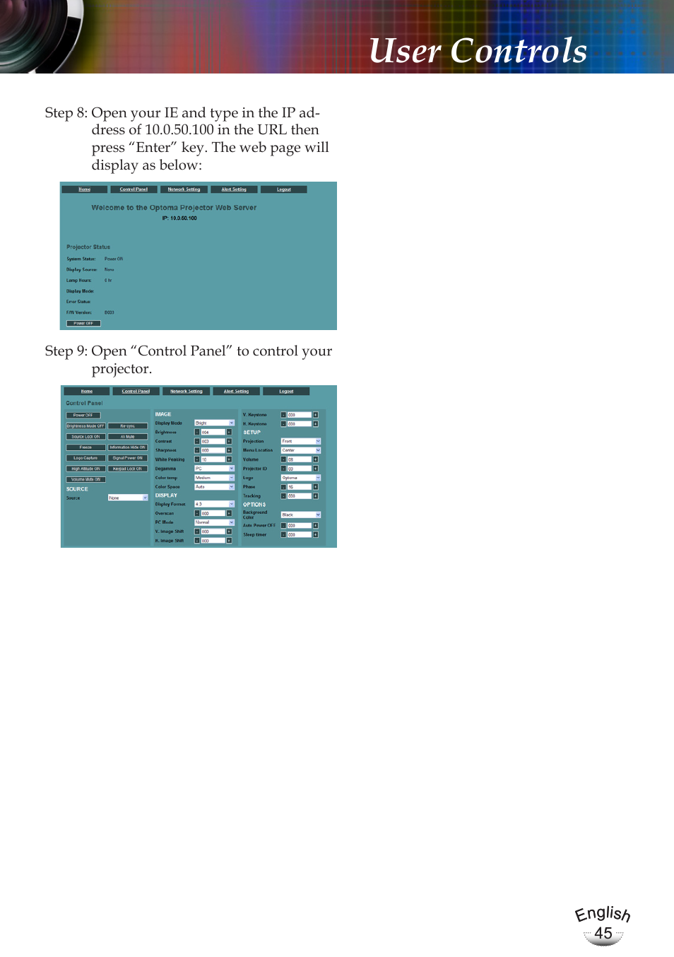 User controls | Optoma EP783 User Manual | Page 45 / 65