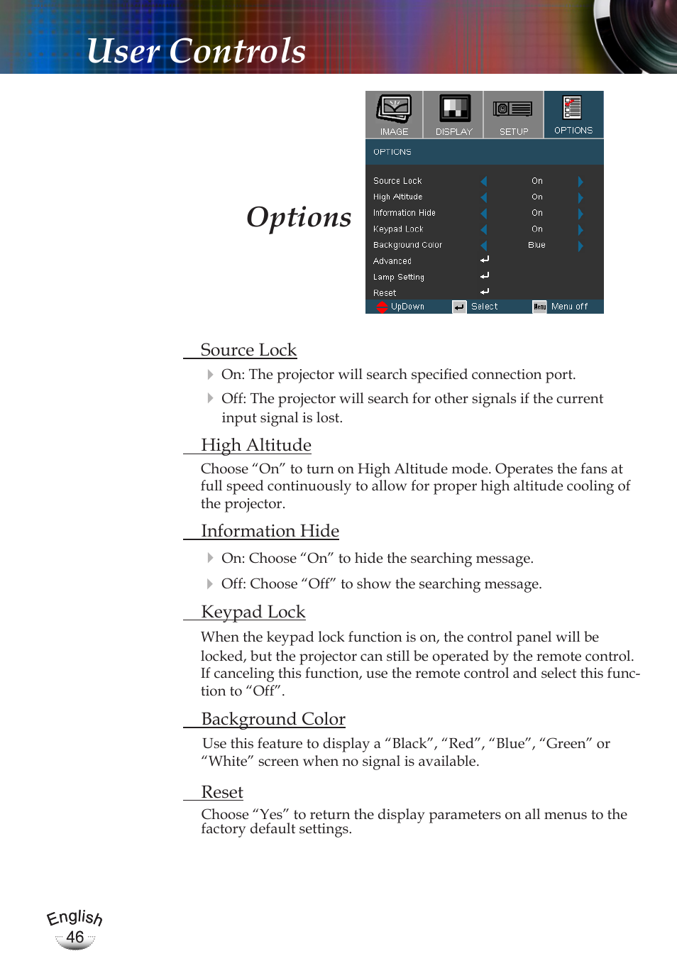 User controls, Options | Optoma EP783 User Manual | Page 46 / 65