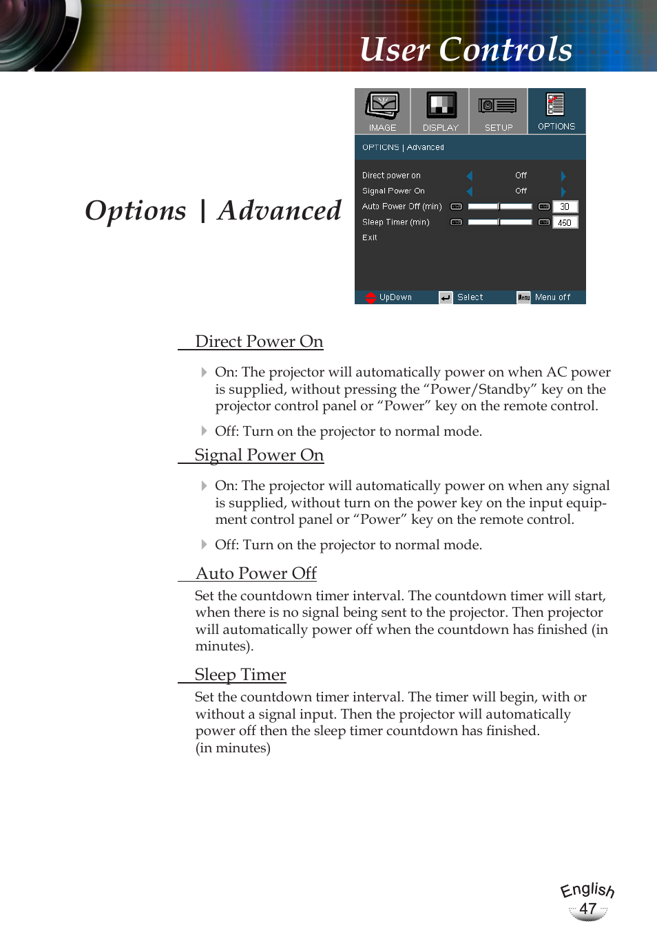 User controls, Options | advanced | Optoma EP783 User Manual | Page 47 / 65