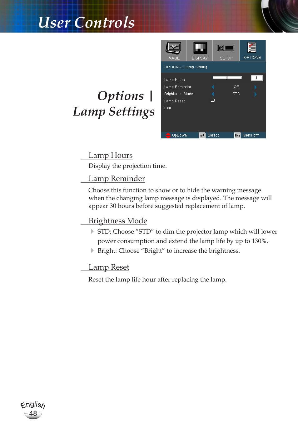 User controls, Options | lamp settings | Optoma EP783 User Manual | Page 48 / 65