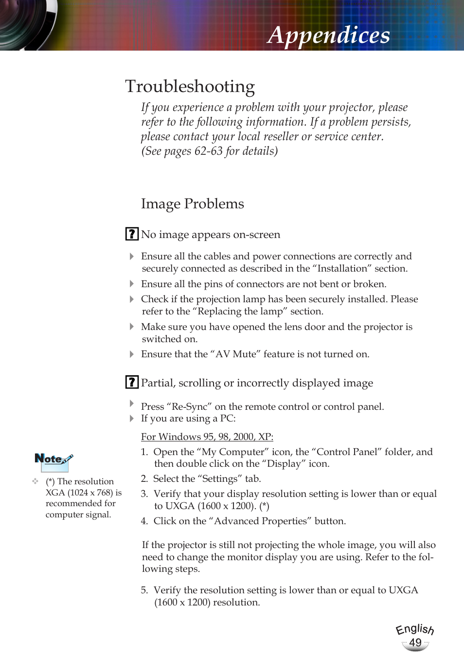 Appendices, Troubleshooting, Image problems | Optoma EP783 User Manual | Page 49 / 65
