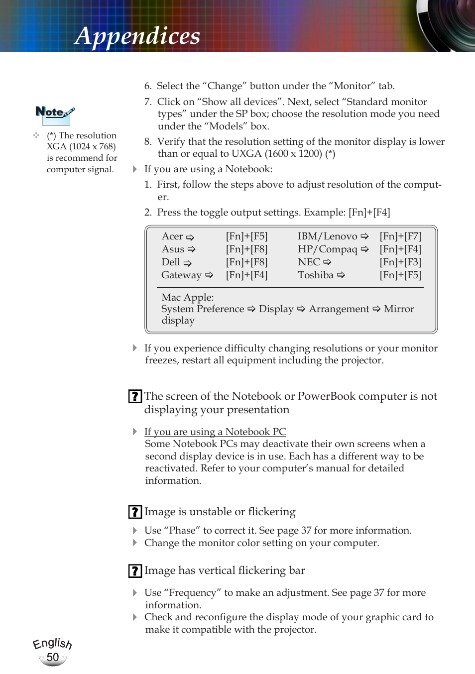 Appendices | Optoma EP783 User Manual | Page 50 / 65