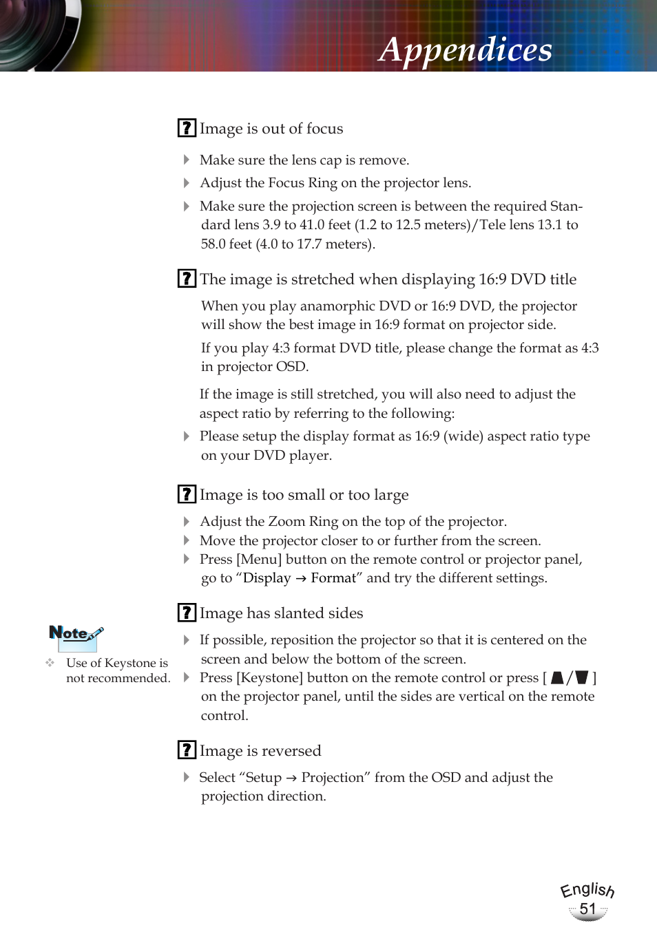 Appendices | Optoma EP783 User Manual | Page 51 / 65
