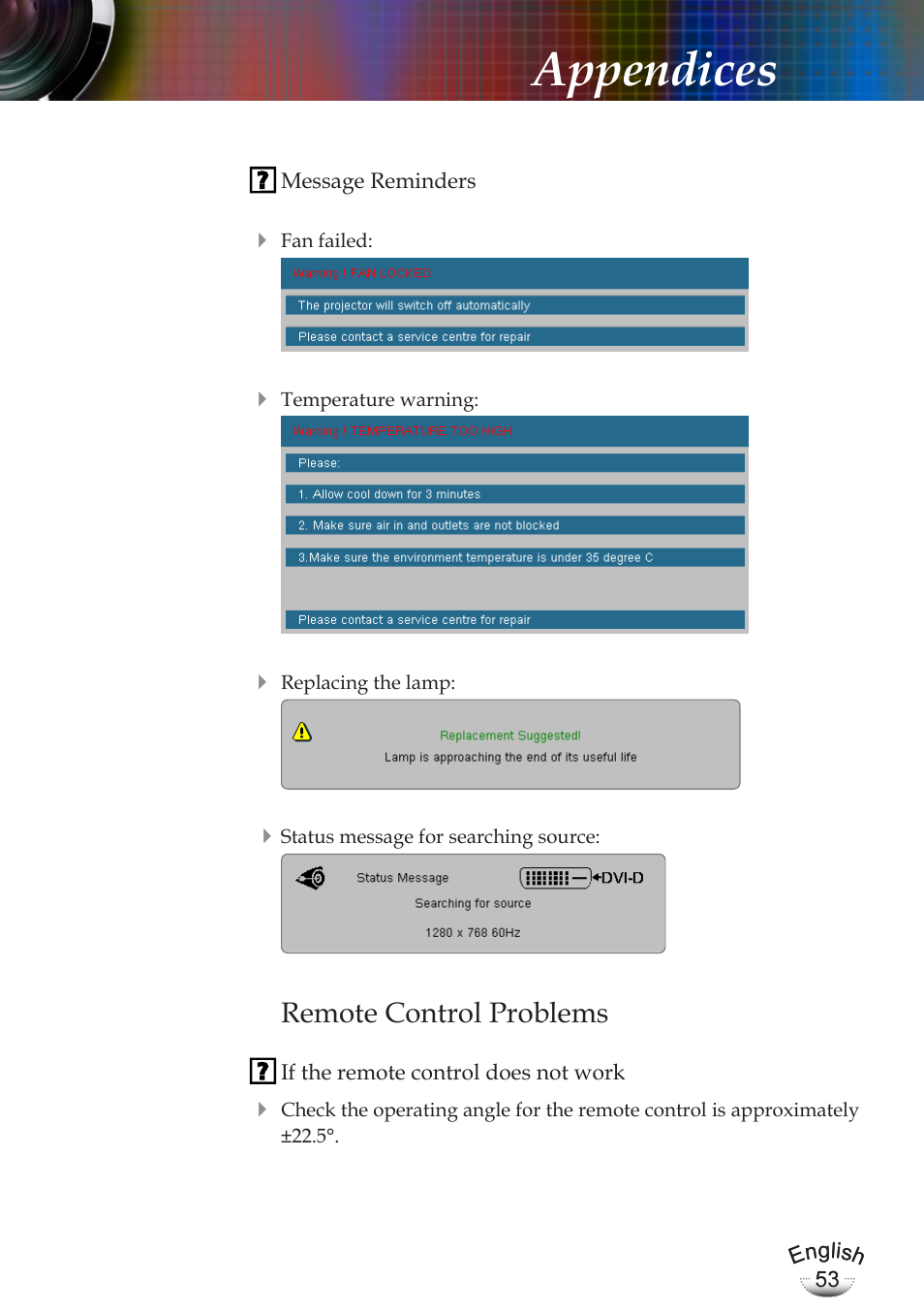 Appendices, Remote control problems | Optoma EP783 User Manual | Page 53 / 65