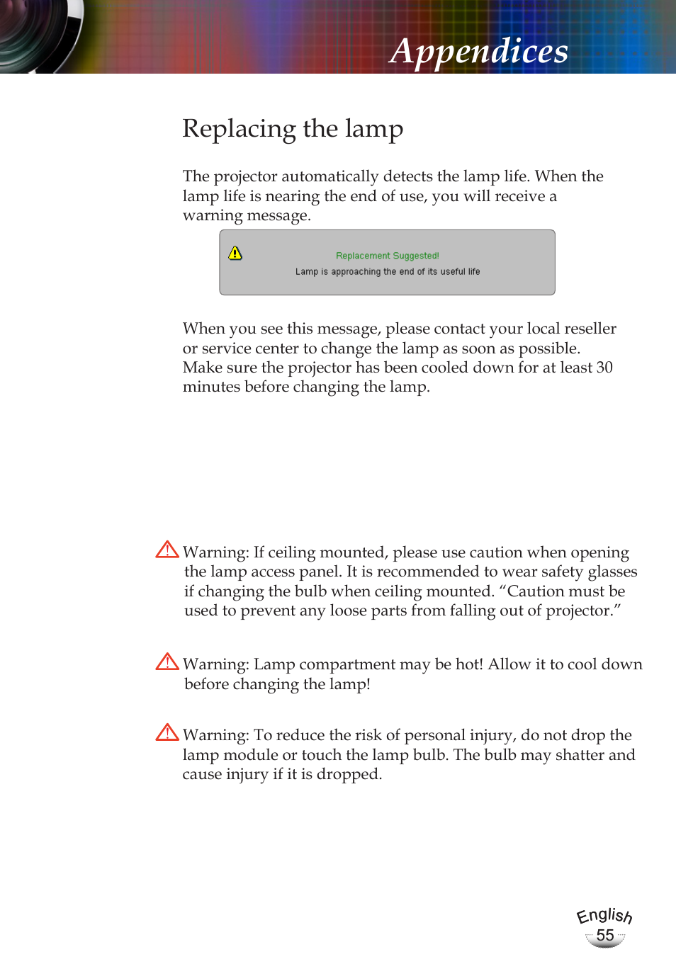 Appendices, Replacing the lamp | Optoma EP783 User Manual | Page 55 / 65