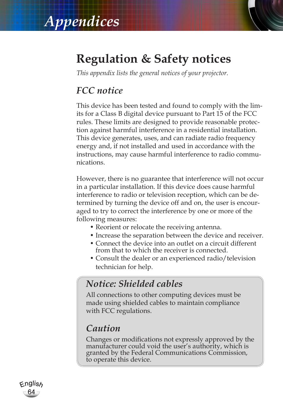 Appendices, Regulation & safety notices, Fcc notice | Notice: shielded cables, Caution | Optoma EP783 User Manual | Page 64 / 65