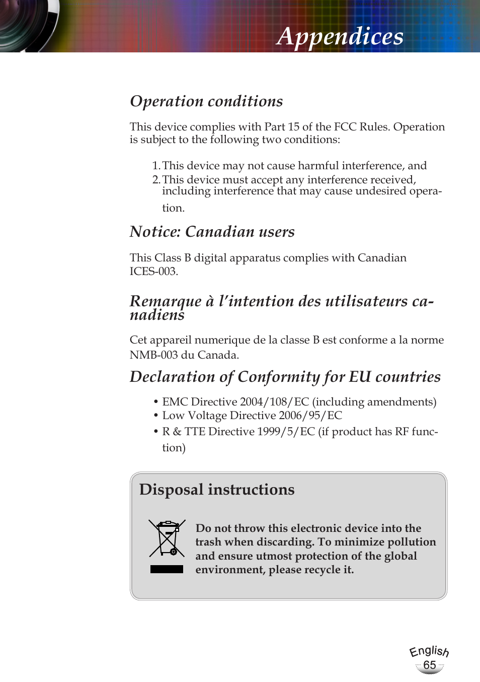 Appendices, Operation conditions, Notice: canadian users | Declaration of conformity for eu countries, Disposal instructions | Optoma EP783 User Manual | Page 65 / 65