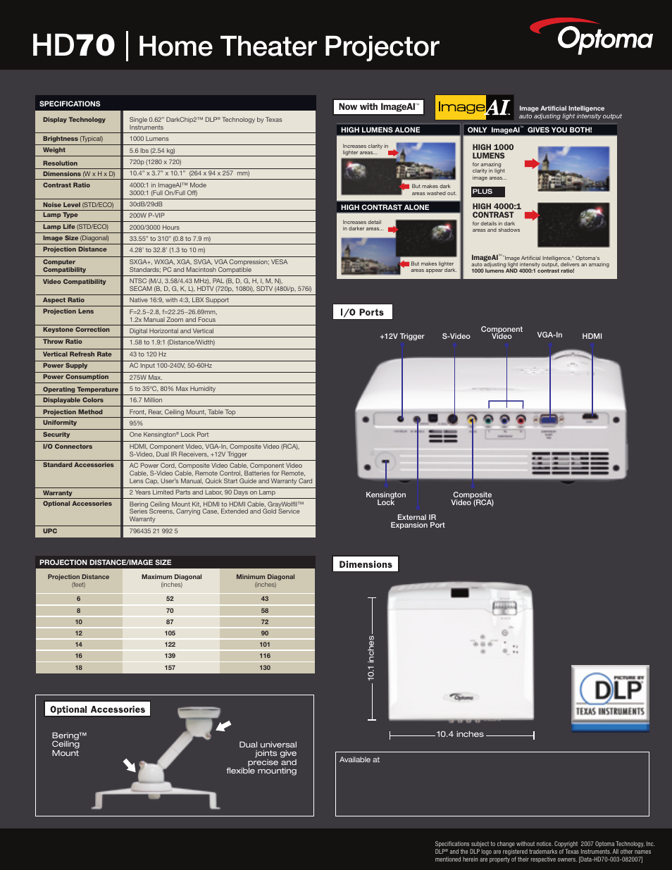 Hd 70, Home theater projector, Now with imageai | Optoma Optoma HD70 User Manual | Page 2 / 2