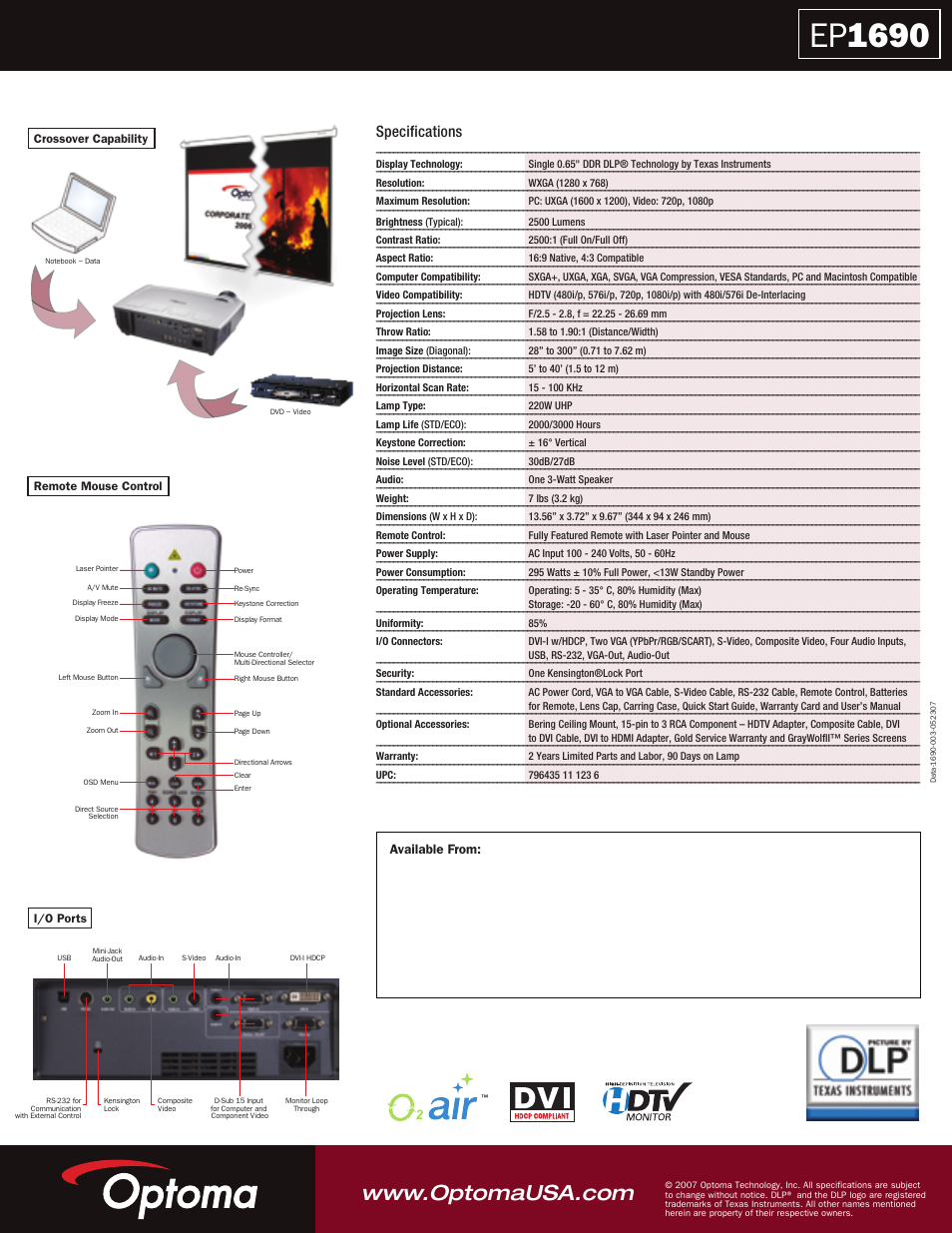 Ep1690, Specifications, Available from | Optoma Optoma EP1690 User Manual | Page 2 / 2