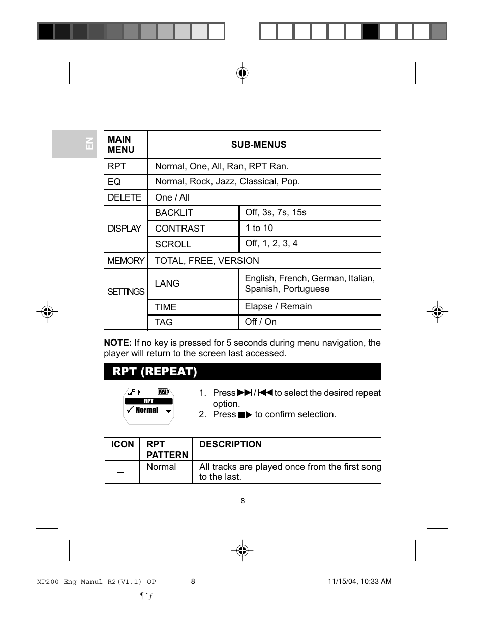 Rpt (repeat) | Oregon MP200 User Manual | Page 11 / 22