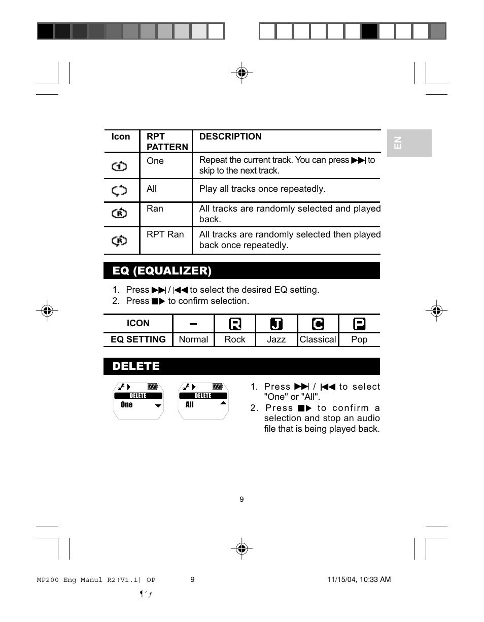 Eq (equalizer), Delete | Oregon MP200 User Manual | Page 12 / 22