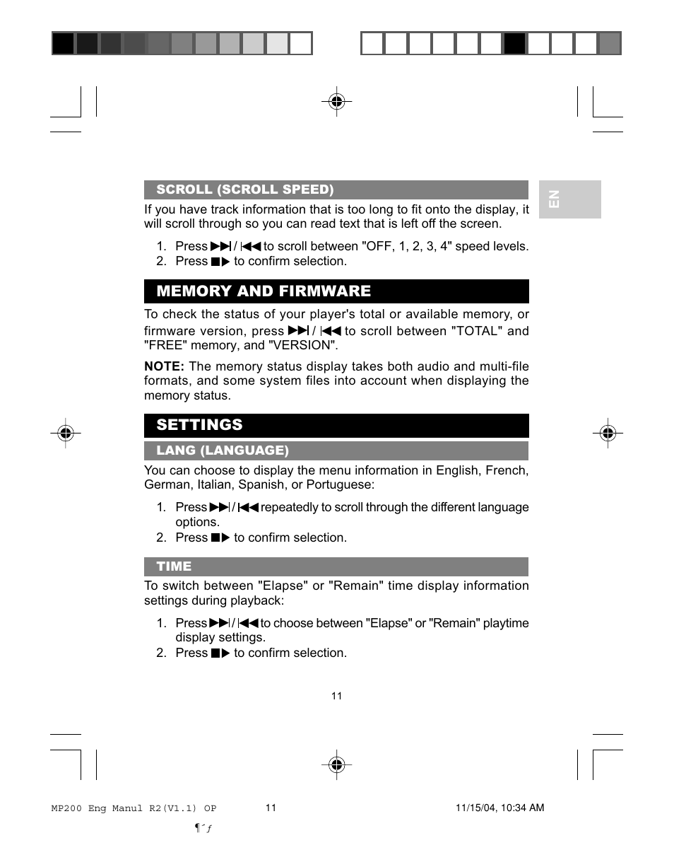 Settings | Oregon MP200 User Manual | Page 14 / 22