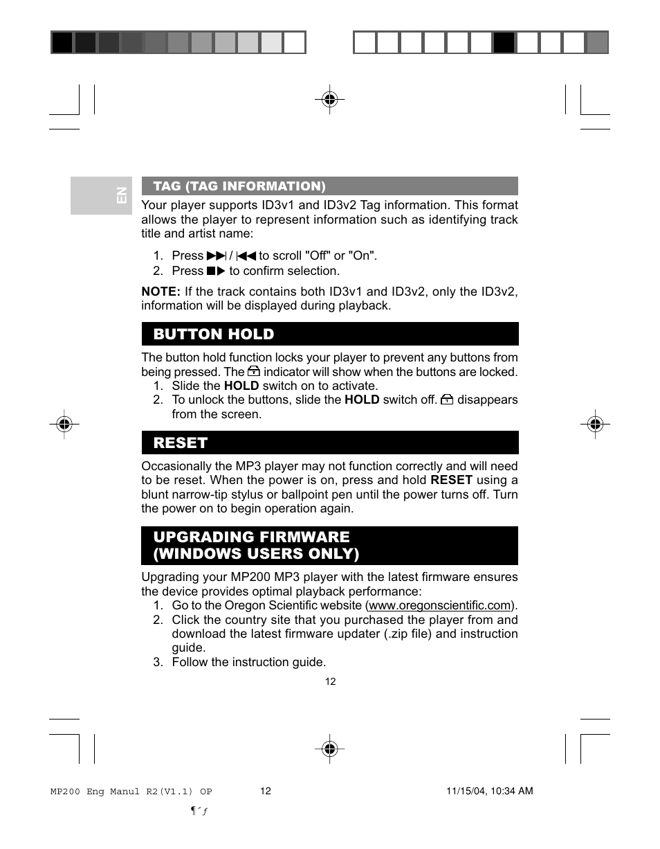Button hold, Reset, Upgrading firmware (windows users only) | Oregon MP200 User Manual | Page 15 / 22